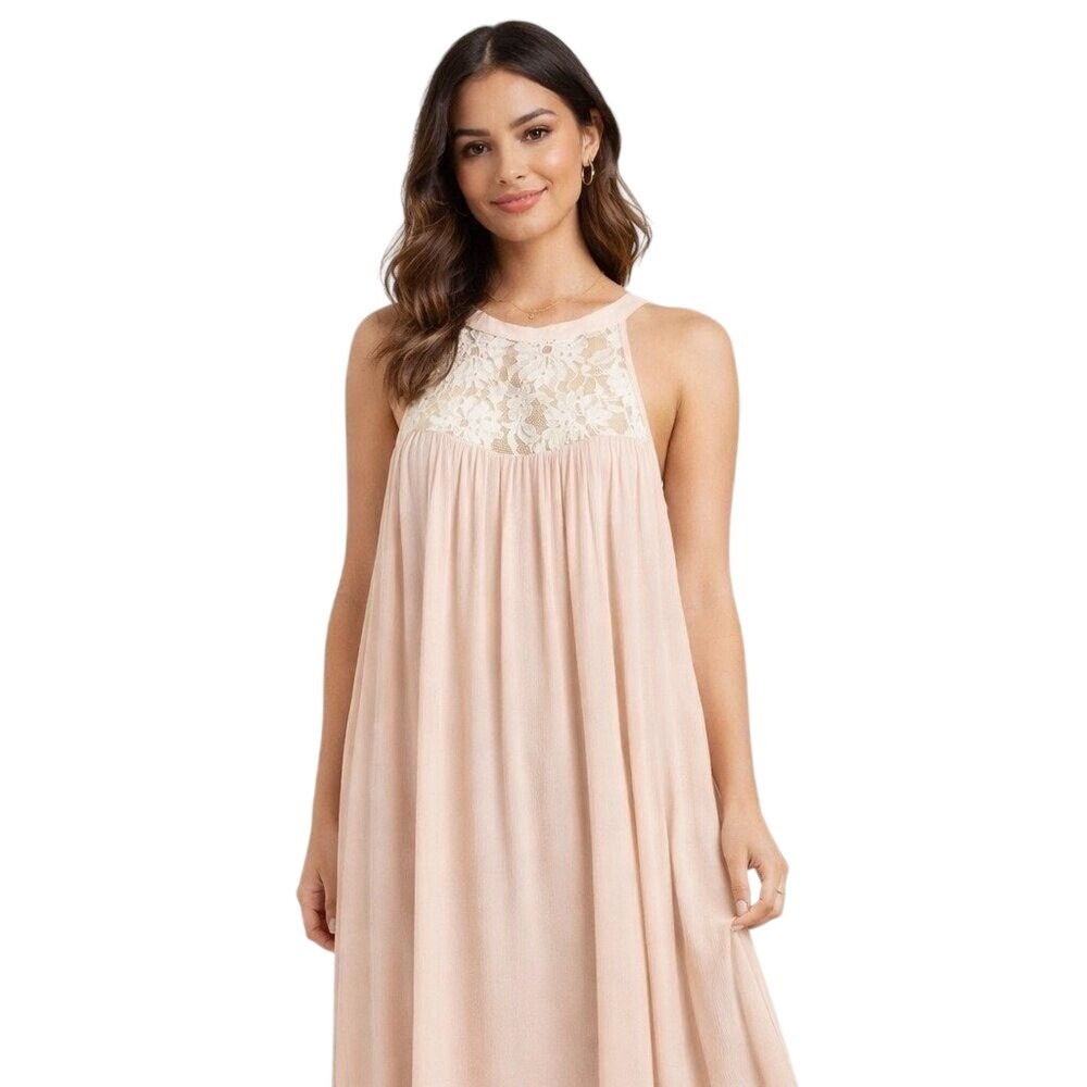 *NWT* Dress Up Halter Mini Dress Womens Small‎ Peach Lace Yoke Crinkle Shift
